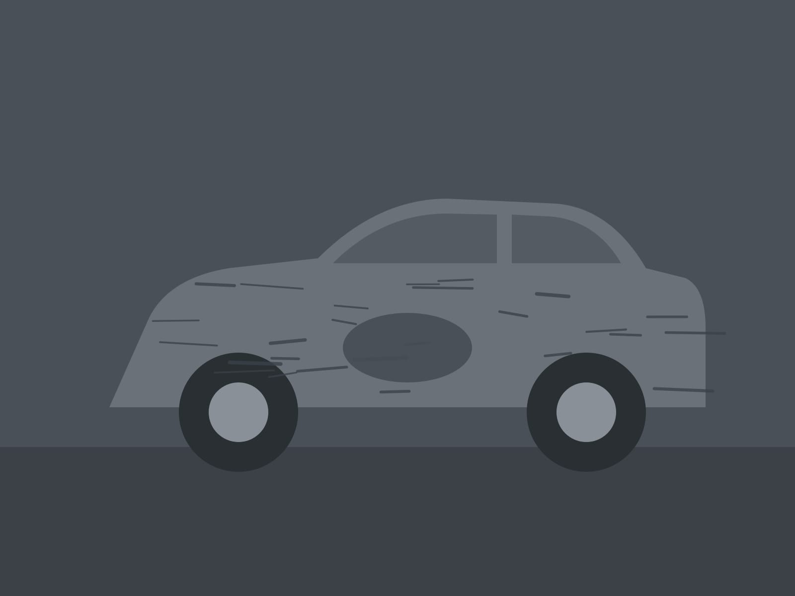 Placeholder drawing of a grey car with a dent and scratches on the doors